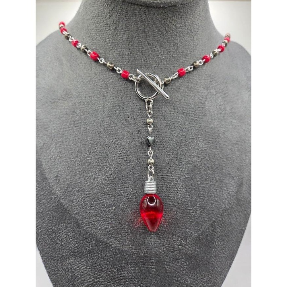 Handmade Necklace Y-Shape Rosary Red Silver Bead Christmas Light Charm # Festive